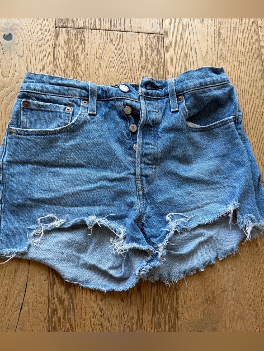 Levi's Medium Blue Raw-Hem Button-Fly Denim Shorts